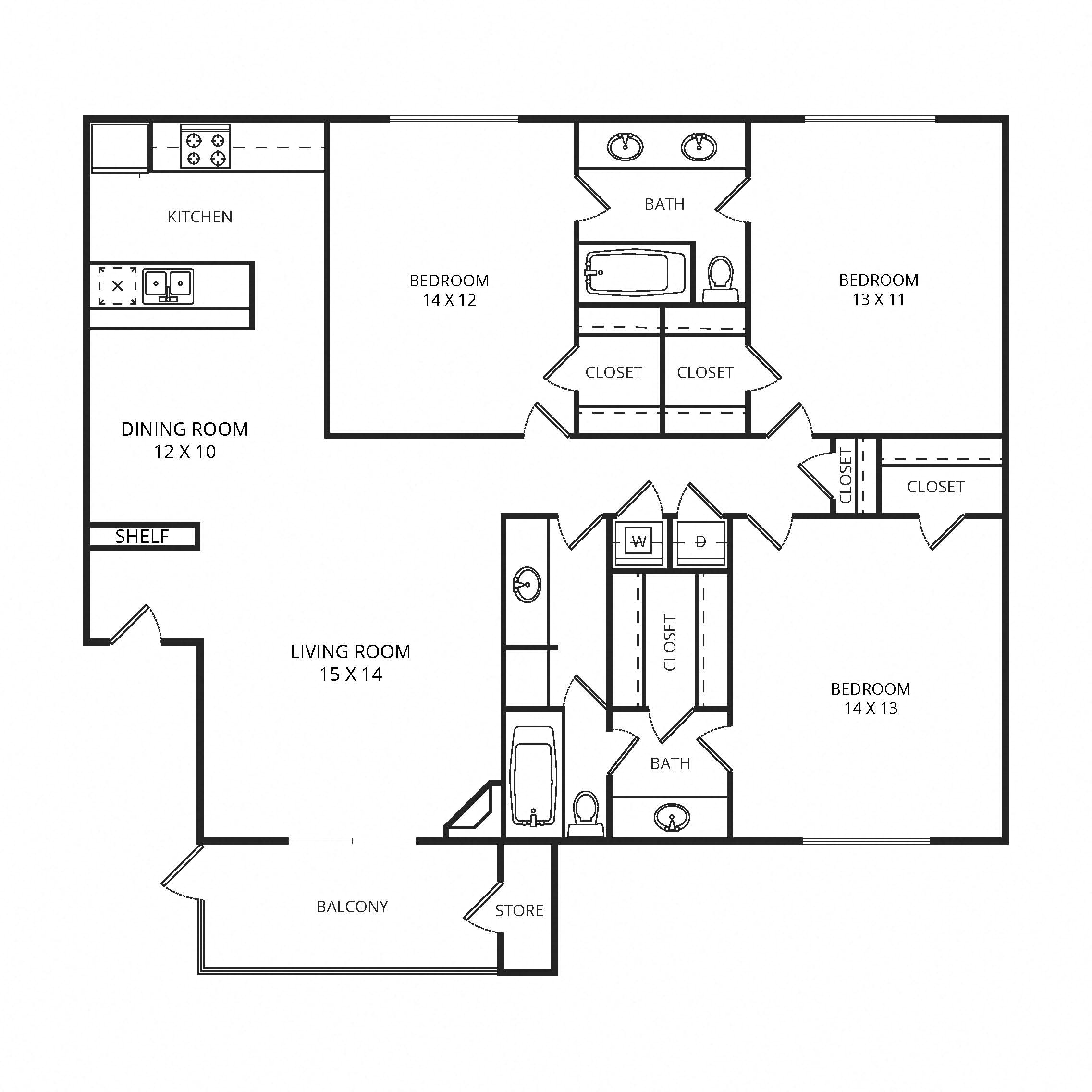 Floor plan for 3 beds, 2 baths, 1315 sqft